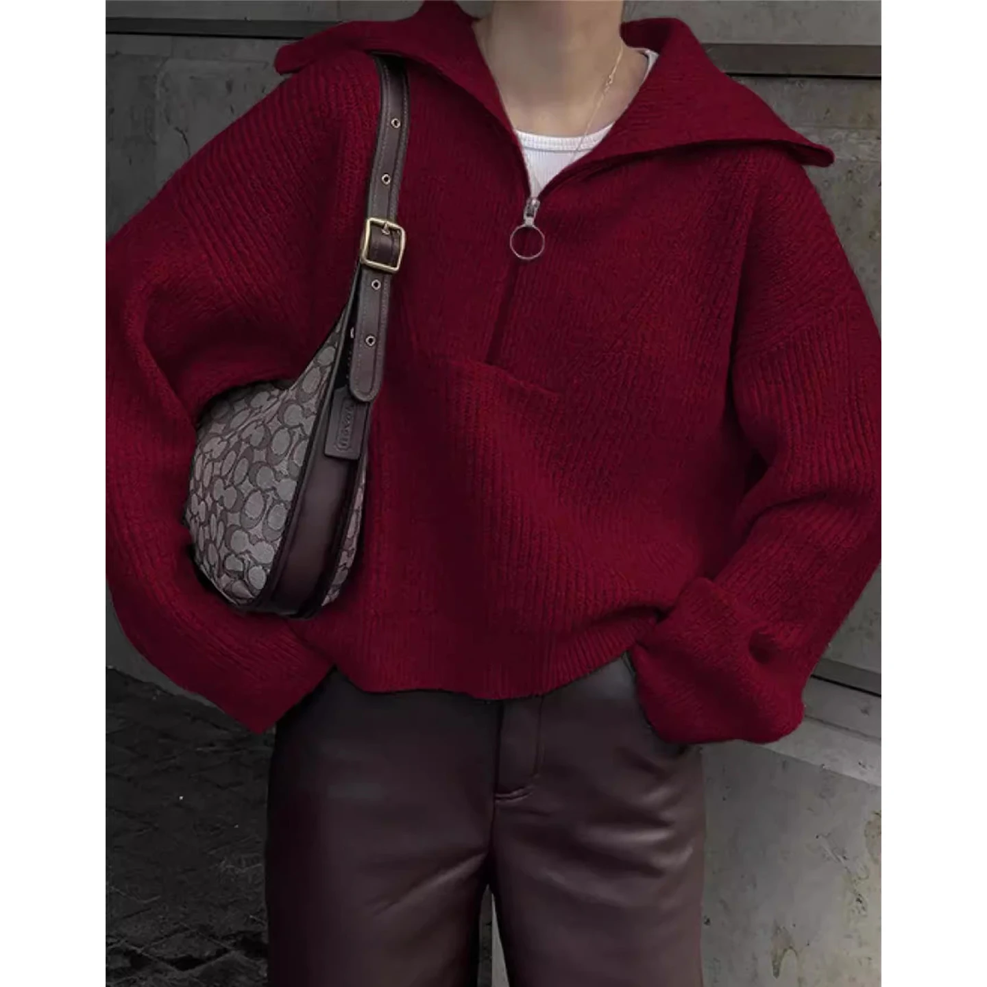 Chic Autumn Winter Women's Knitted Sweater f Zipper Long Sve Casual Loose Sle Korean Commute Sle ort Length
