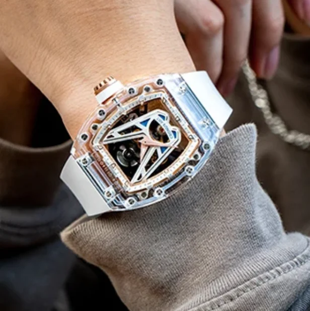 

CRONUSART мужские автоматические часы 50 мм Tonneau механические наручные часы акриловый корпус светящийся ремешок из фторкаучука скелетонизированный циферблат