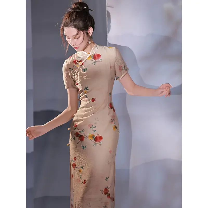 

Улучшенное Cheongsam 2021, новое китайское летнее элегантное элитное платье для молодых девушек, традиционное винтажное платье средней длины с цветочным принтом
