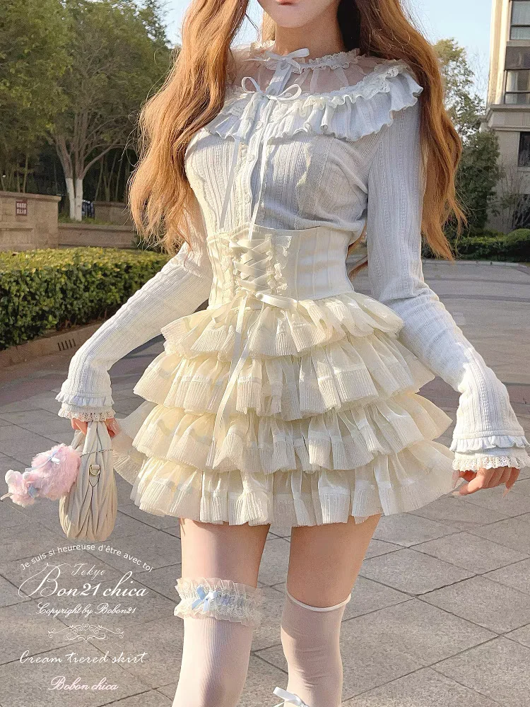 Princess sweet lolita Skirt bobon21 lace bow Shining Waist Cover Cake Skirt Culotte B2390