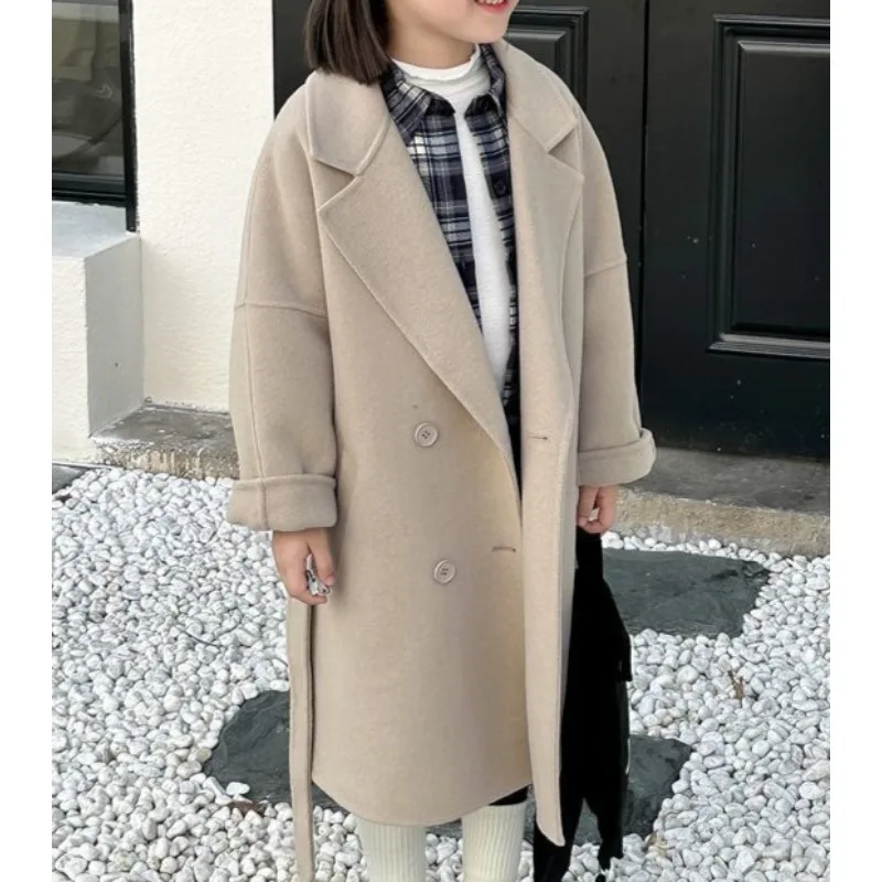 Khaki Thickened Plush Coat Medium and Large Girls Winter Fashion Casual Versatile Medium and Long Coat