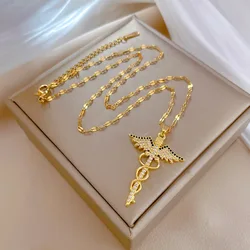 Stainless Steel Cross Staff Of Necklace for Women Proof of Love Angel Wing CZ Necklace Pendant Jewelry For Girl Doctor Nurse