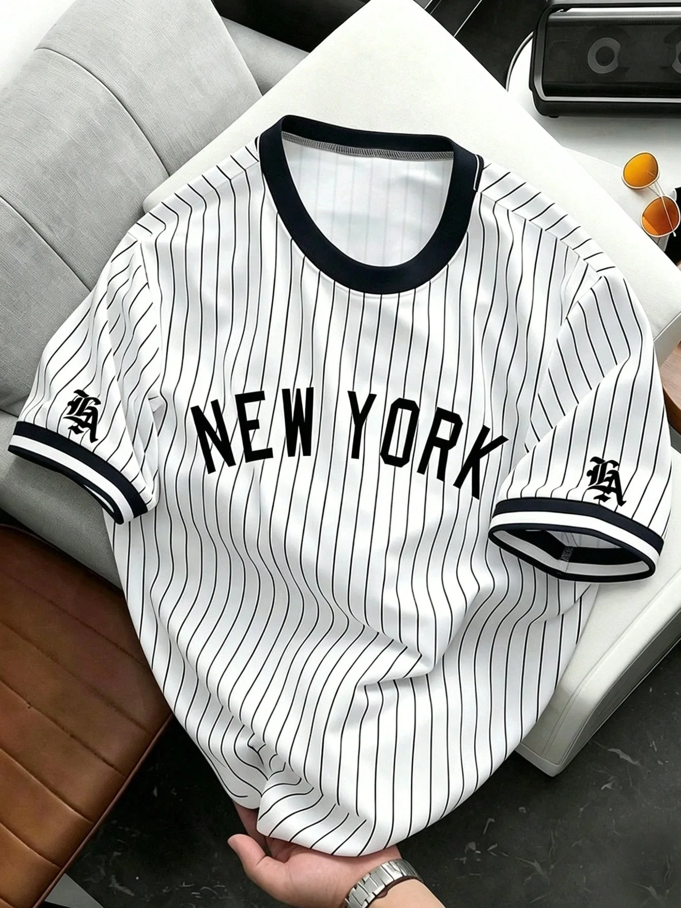 New York Baseball-Trikot Weiß Schwarz Nadelstreifen Vintage Sport-T-Shirt Rundhals Kurzarm Unisex Freizeit-T-Shirt für Männer Frauen Fans – Detail 2