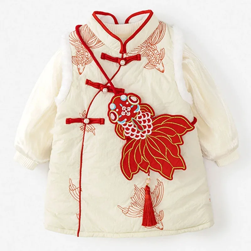 

Комплект из 3 предметов: зимняя детская одежда для девочек в китайском стиле, новогоднее платье принцессы с вышивкой из флиса для малышей + топы + сумка, детские платья B232