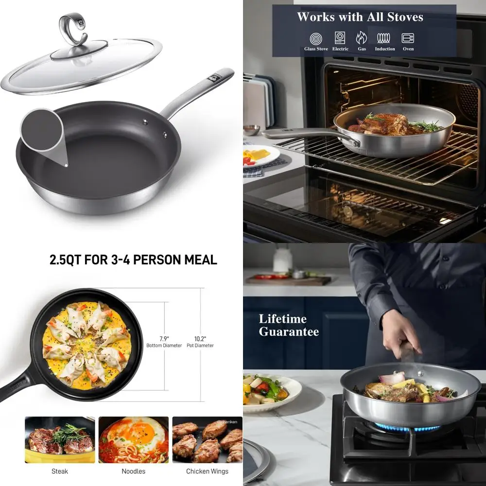 

Nonstick 11-Inch Titanium Pan with Lid, Stainless Steel Base Skillet, Dishwasher and Oven Safe, Induction Compatible Frying Pan