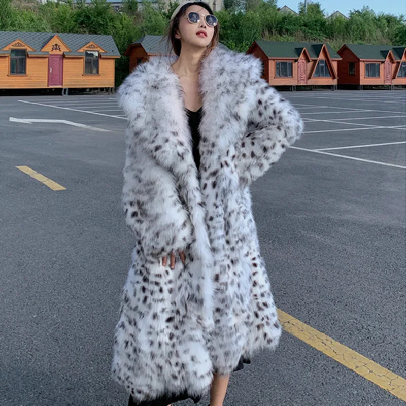 2022 Imitation Fox Fur Coat Women's Mid-length Over-the-knee Fur Coat Young Black and White Leopard Fur All-in-one