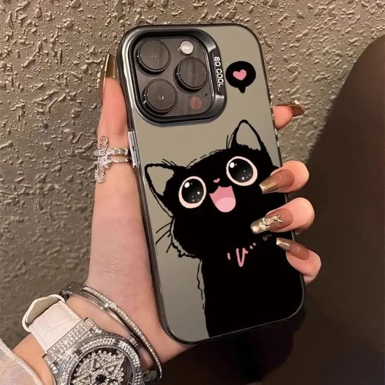 Niedliche Schwarze Katze Handyhülle für iPhone 17 Air 16 15 14 11 Pro Max Plus X Xs 8 7 Farbiger Stoßfester Bumper Hartschalen-Rückseite Coque