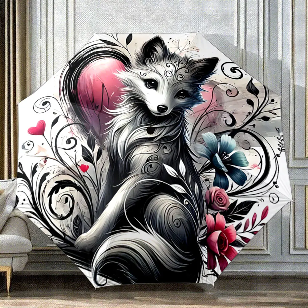 Whimsical Fox Design with Heart and Floral Elements Portable Folding Umbrella, Gift for Family And Friends