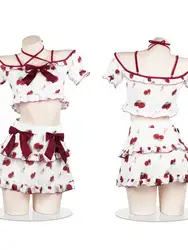Korean Style New Sexy Uniform Student Strawberry Printing Short Sleeve Top Bow Short Skirt Set Campus Students JK Uniform F4TC
