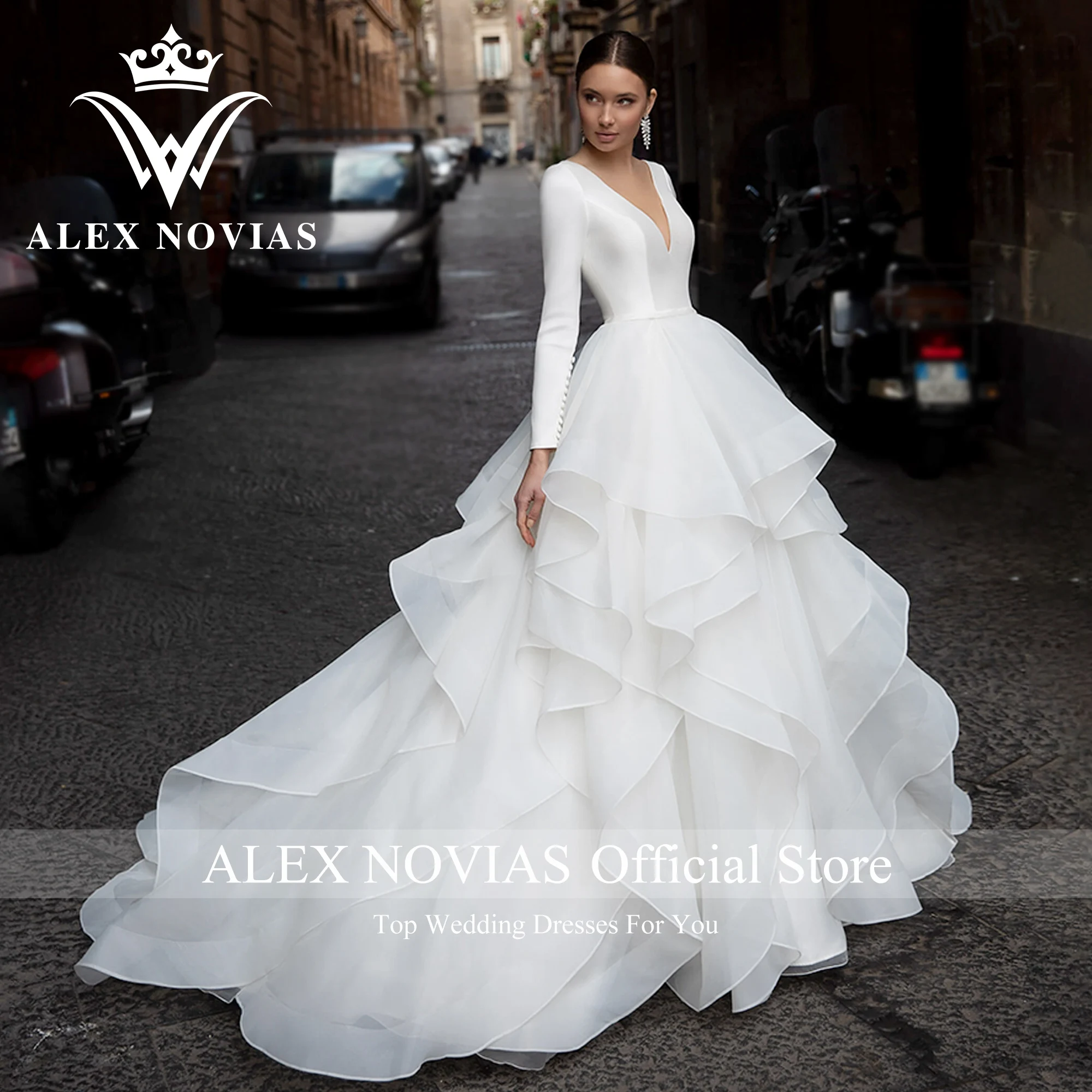 ALEX NOVIAS-Vestido de casamento manga comprida, gola V elegante, babados, vestido de organza, 2023