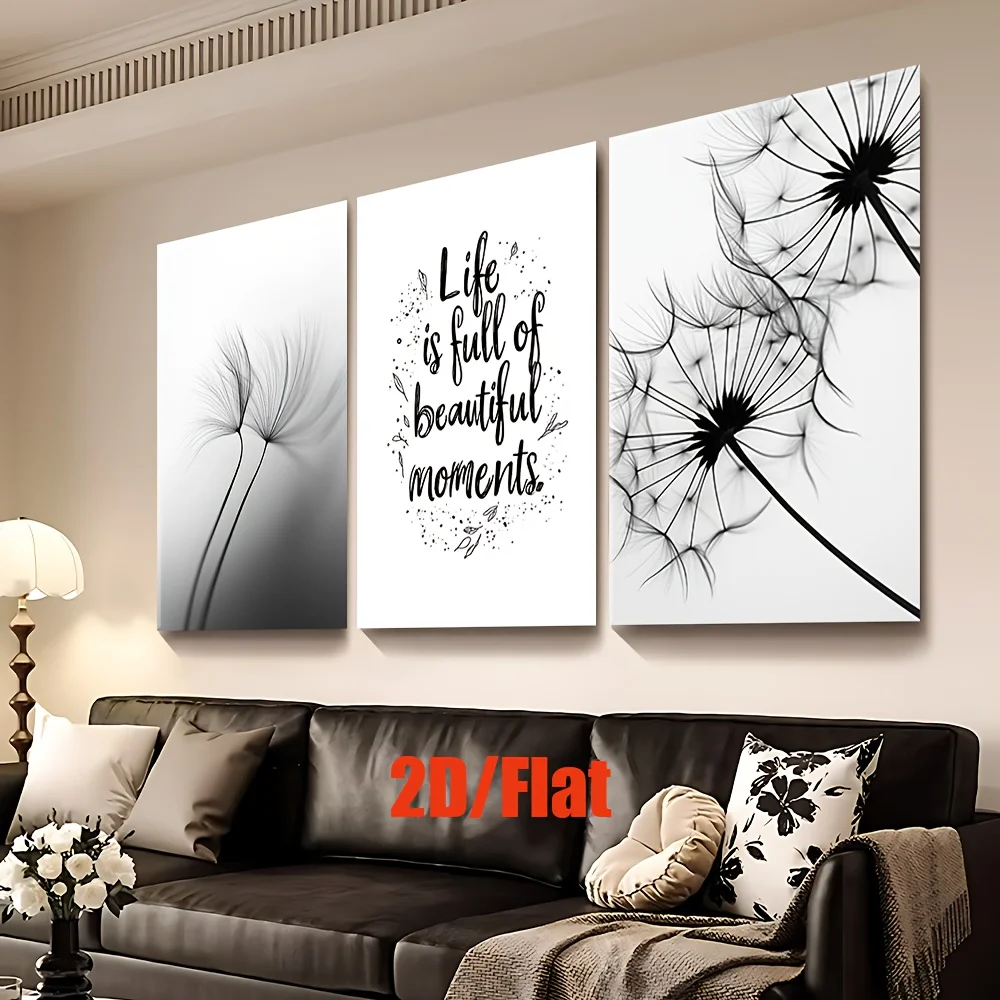 3 قطع/مجموعة، لوحة قماشية بدون إطار ثنائية الأبعاد/المسطحة، الهندباء الأبيض والأسود، لوحة مختلطة، غرفة المعيشة، ديكور المكتب، فن الحائط، السرير #3