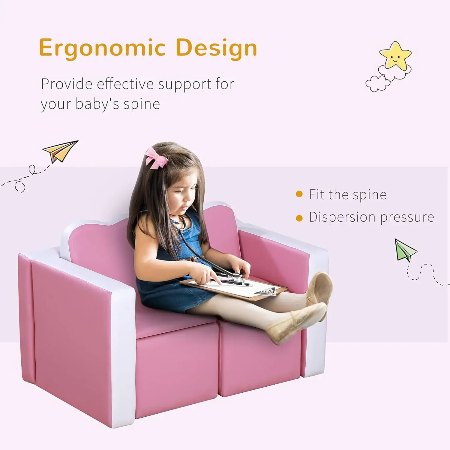 Kids Sofa Set 2-in-1 Multi-Functional Toddler Table Chair Set 2 Seat Couch Storage Box Soft Sturdy Pink