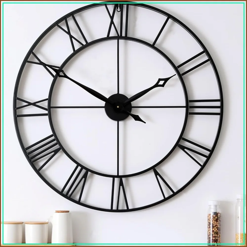

30 Inch Oversized Roman Numeral Wall Clock, Modern Black Metal Decor for Living Room, Housewarming Gift