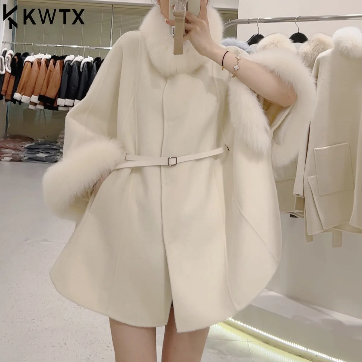 

KWTX Women's Office Korean Style Two Sided Cloak Overcoat For Women Fur Collars Belt Loose Long Coats 2025 Winter New