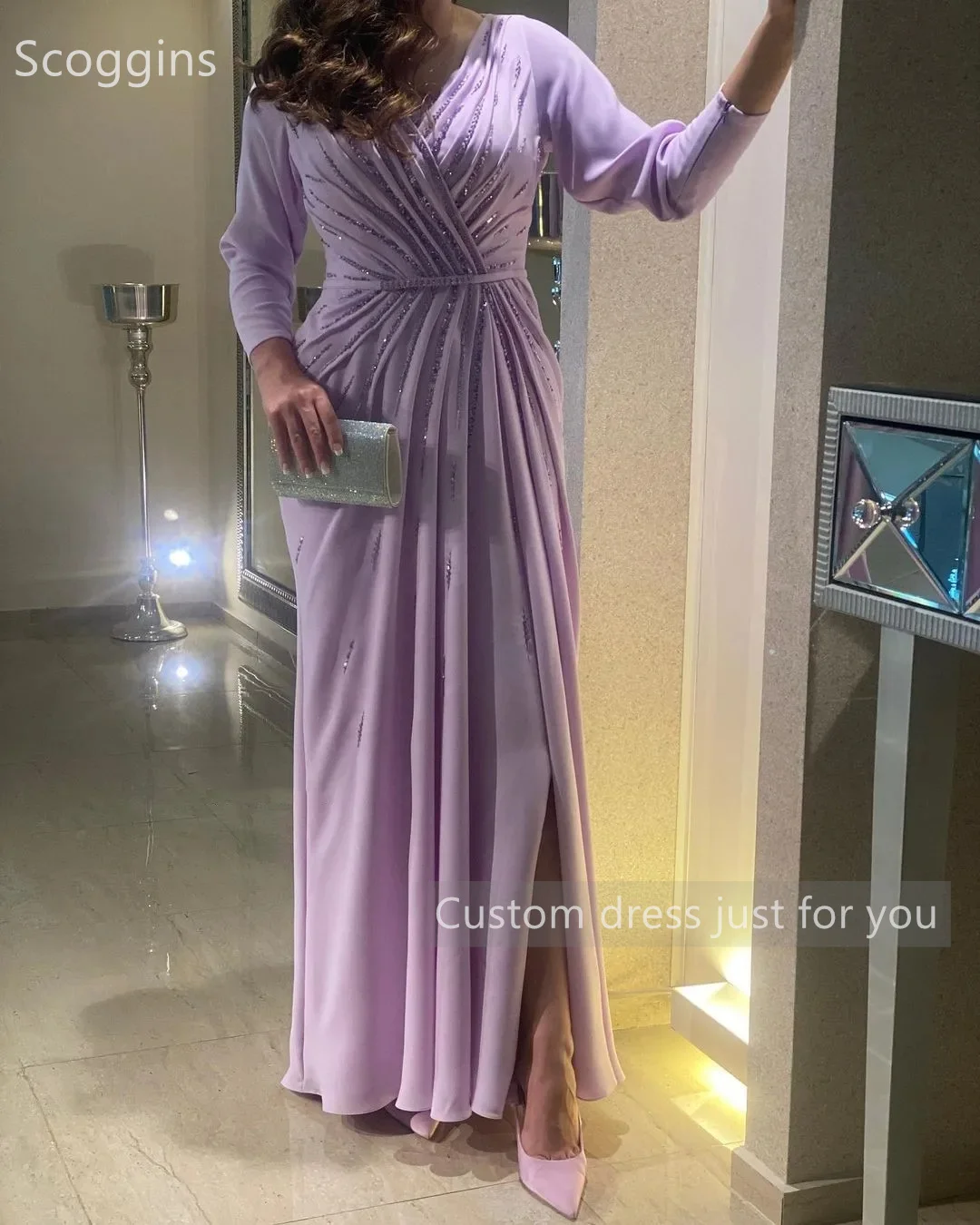 Scoggins فساتين سهرة Customize Evening Dress Column Ruffle V-Neck Long Sleeves Floor-Length Zipper Up Wedding Dress Cocktail