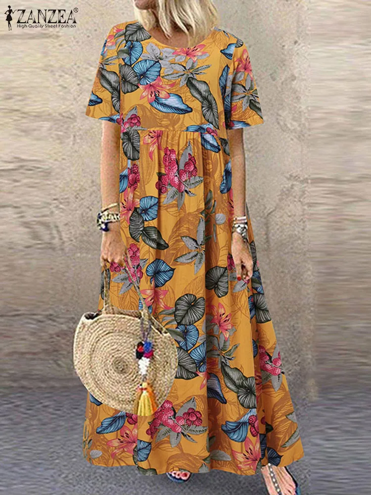 2023 ZANZEA Böhmischen Urlaub Sommerkleid Sommer Frauen Vintage Floral Bedruckte Kurzarm Strand Kleid Lose Lange Vestido Robe Femme