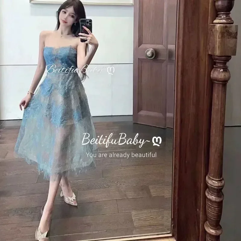 BeitifuBaby French Style Women's Formal Dresses Three-dimensional Flower Sequin Perspective Strapless Banquet Dress Vestidos