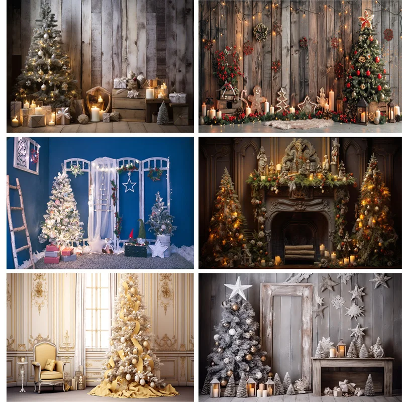 

Christmas Day Photography Backdrops Prop Fireplace Window Winter Xmas Tree Decoration Flower Garland Wood Door Background JU-06