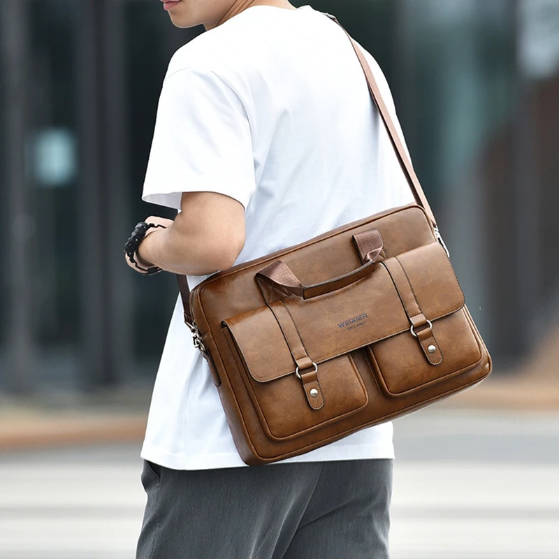 Men'S Vintage Briefcase 15.6 Inch Laptop PU Leather Shoulder Executive Business Messenger Office Portable Document Bag Male