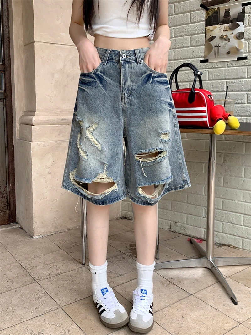 Women Ripped Denim Shorts Hight Waist Mini Jeans Shorts 2000s Vintage Y2k 90s Cowboy Short Pants Harajuku Clothes Summer Clothes