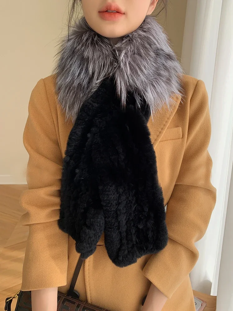 Women Real Rex Rabbit Fur Scarf Natural Fox Neckerchief Winter Warm Shawl Wraps Muffler Black