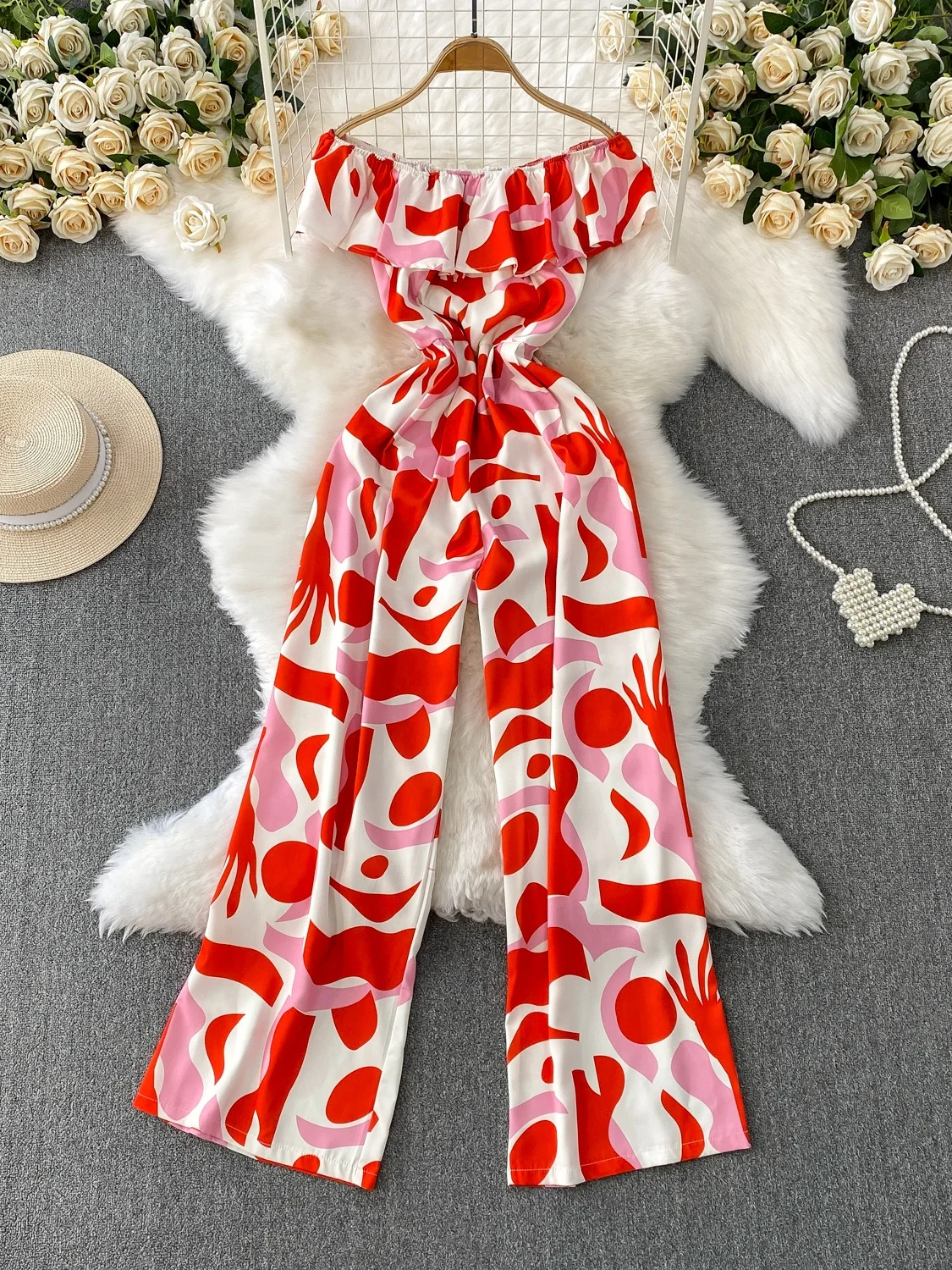 

Slimming Wide Leg Pants One oulder Dr Women's Summer Design High Waist Long Pants Floral Print Bell Sve Jumpsuit