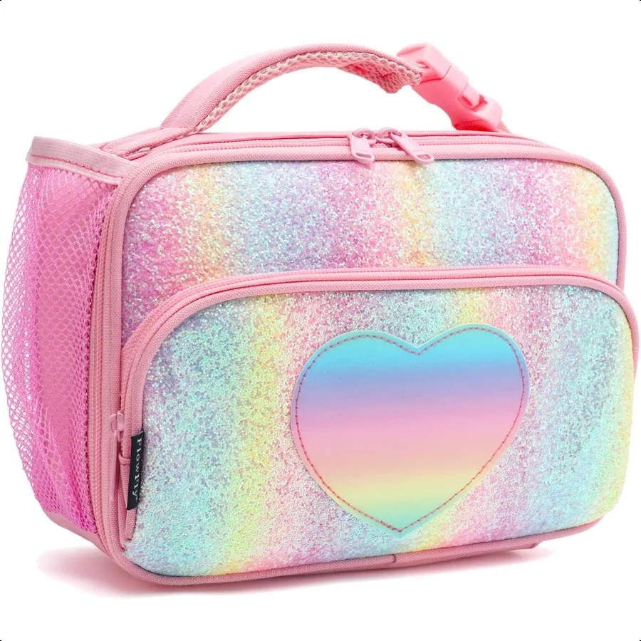 

Lunch box Insulated Soft Bag Mini Cooler Back to School Thermal Meal Tote Kit for Girls Boys GlitterRainBow