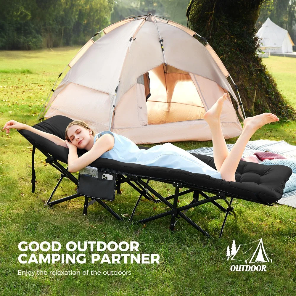 Folding Camping Cot for Adults, 28in Wide with Mattress, Black