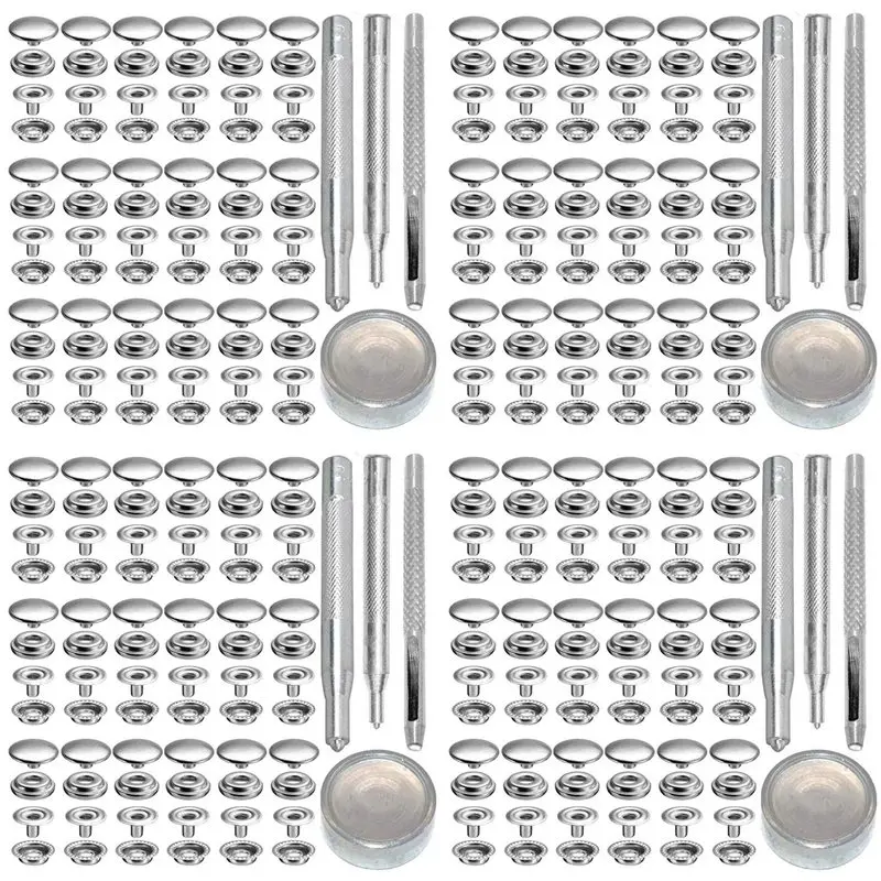 288Pcs 15MM Stainless Steel Fastener Snap Press Stud Button For Marine Boat Canvas With Punching Set Tool Kit Silver