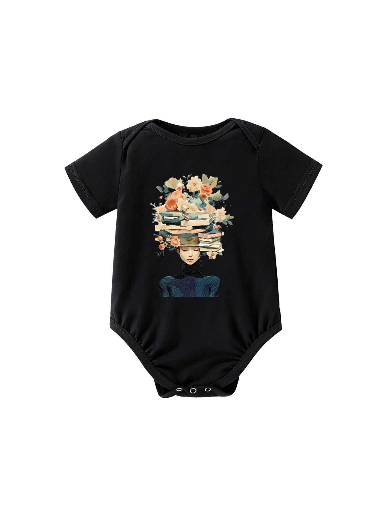 

​Unisex Infant Romper Short Sleeve Book Stack Head Woman With Floral Design For Educational Theme And Special Occasions​
