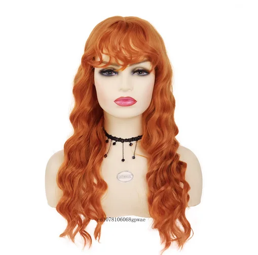 Orange Wigs for Women Synthetic Curly Hair Long Water Wave Wig with Bangs Korean Style Cosplay Costume Halloween Party Lolita