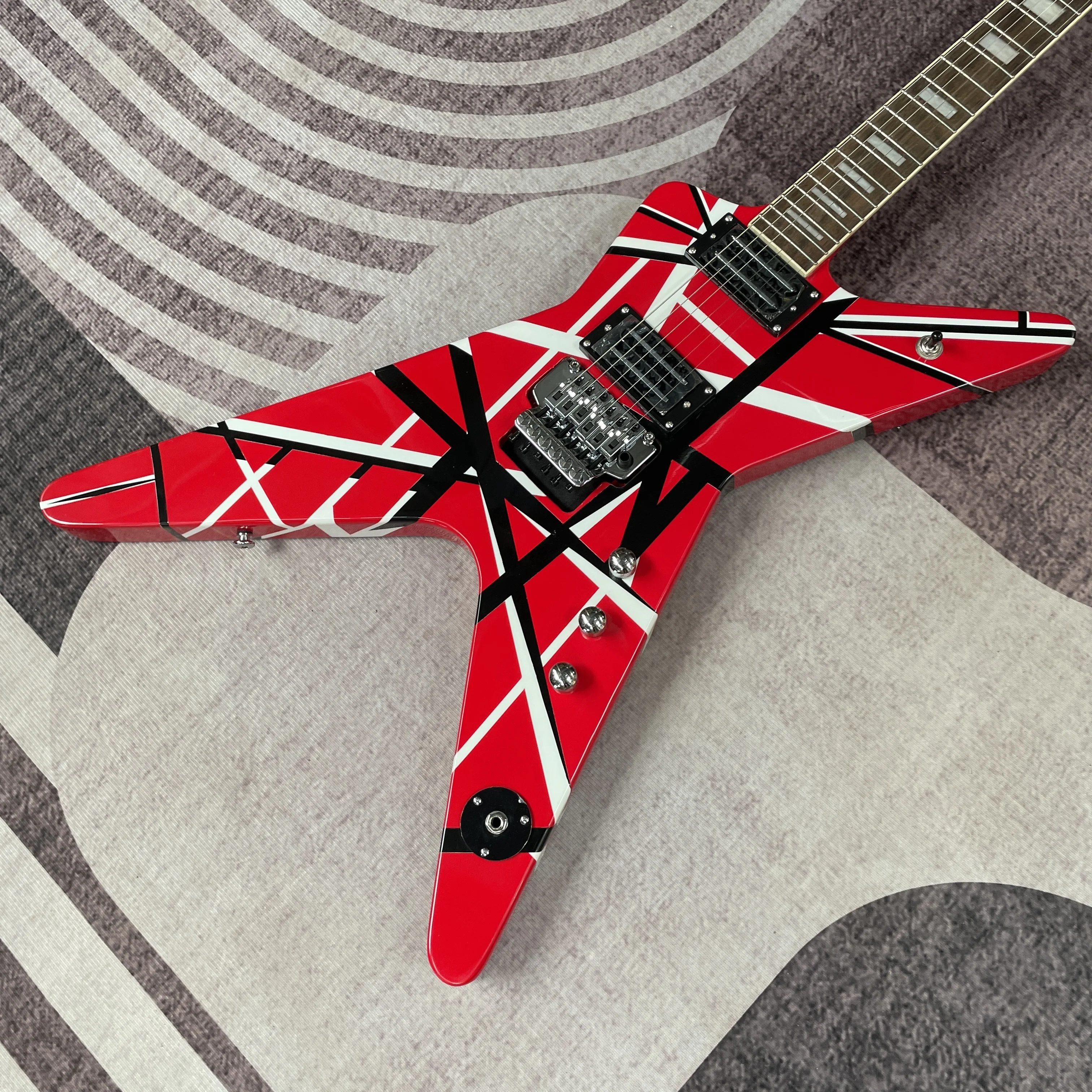 6-String Red and Black Striped Electric Guitar, H-H Pickup Tremolo System Guitars, Square Fretboard Inlays Guitarra