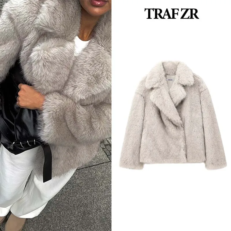 TRAF ZR Winter Coat Female Faux Fur Cropped Coats Warm Woman Winter Coats Solid Thick Padded Coat American Retro Snow Parka