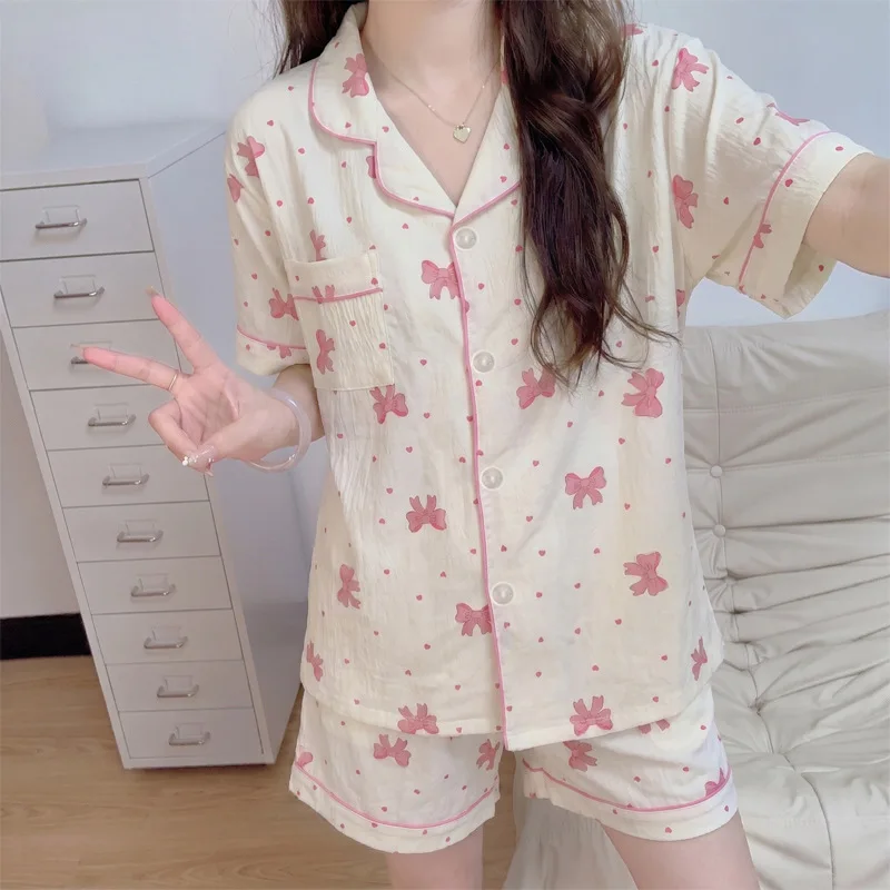 New Girl-Style Bow Pajama Set with Short Sleeves and Shorts, Summer Thin Fashionable Loose and Breathable Casual Home Wear 3