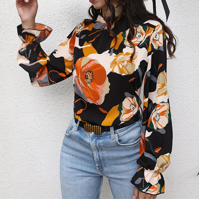 2024 Women\'s shirt fashion flower print design shirt new long sleeve 100 round neck casual flared cuff breathable fiber material