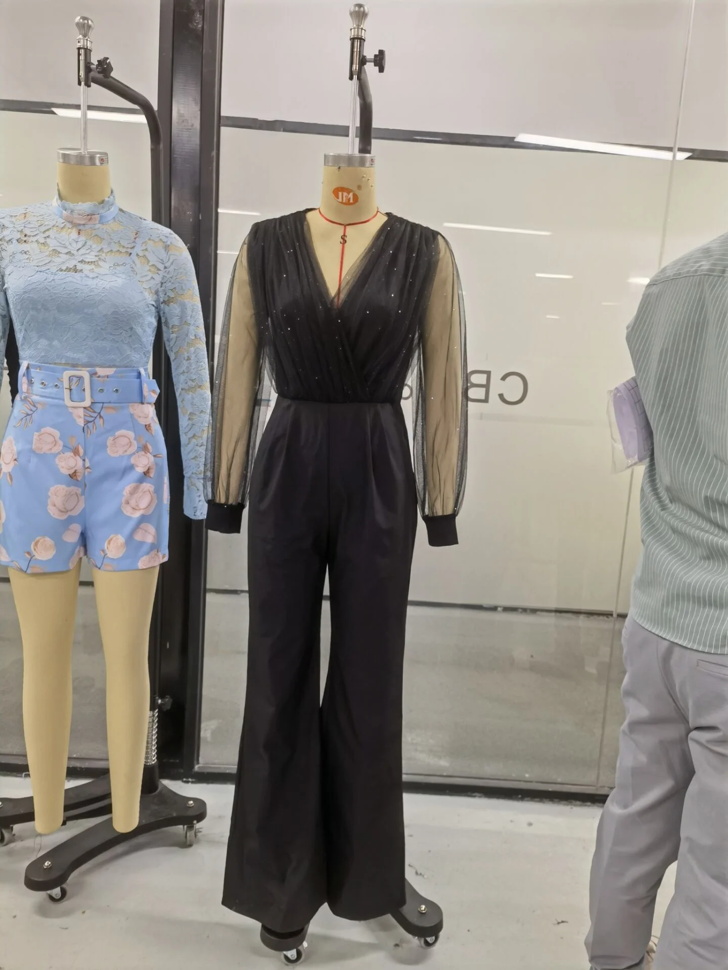 Nữ Của Jumpsuit 2022 Thời Trang Thu Đông Tương Phản Lưới Tay Dài Trơn Cổ Chữ V Đảng Bộ Jumpsuit Dài