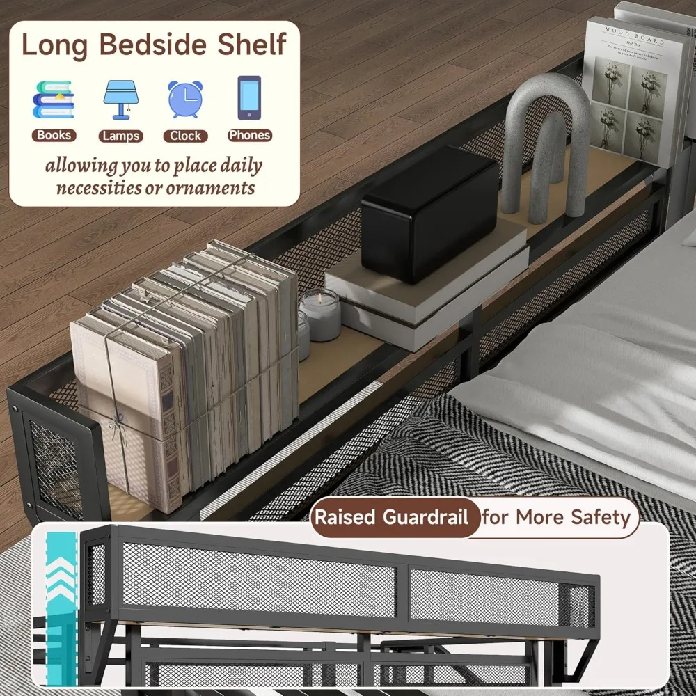 Letto a soppalco full size con scale e contenitori, struttura letto a soppalco in metallo con ripiano sul comodino e ampio spazio sotto il letto, letto resistente per