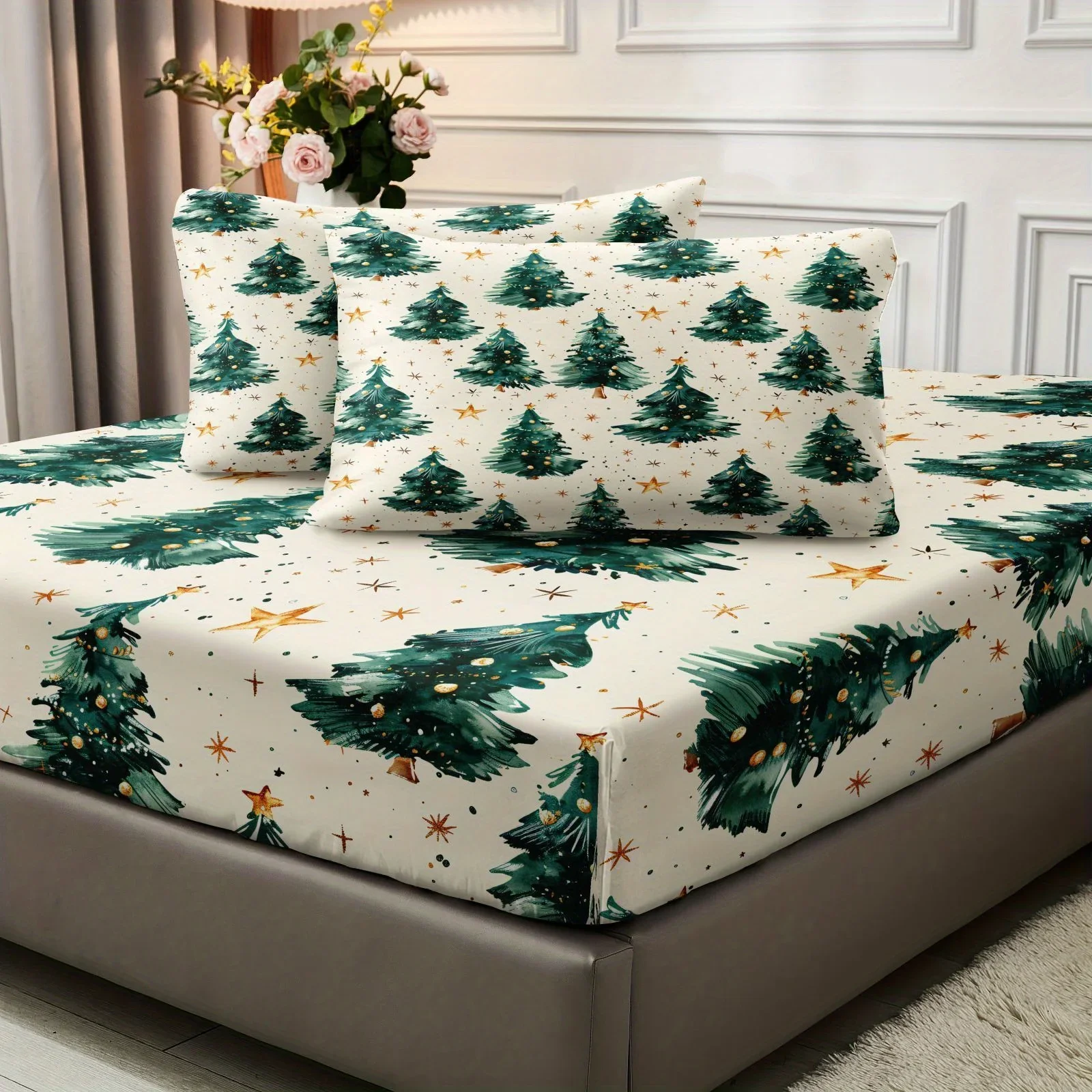 3pcs 85G July Chemical Fiber Polyester Starlight Christmas Tree Digital Fitted Sheet Set, Soft, Comfortable, Bed, Eight Sizes