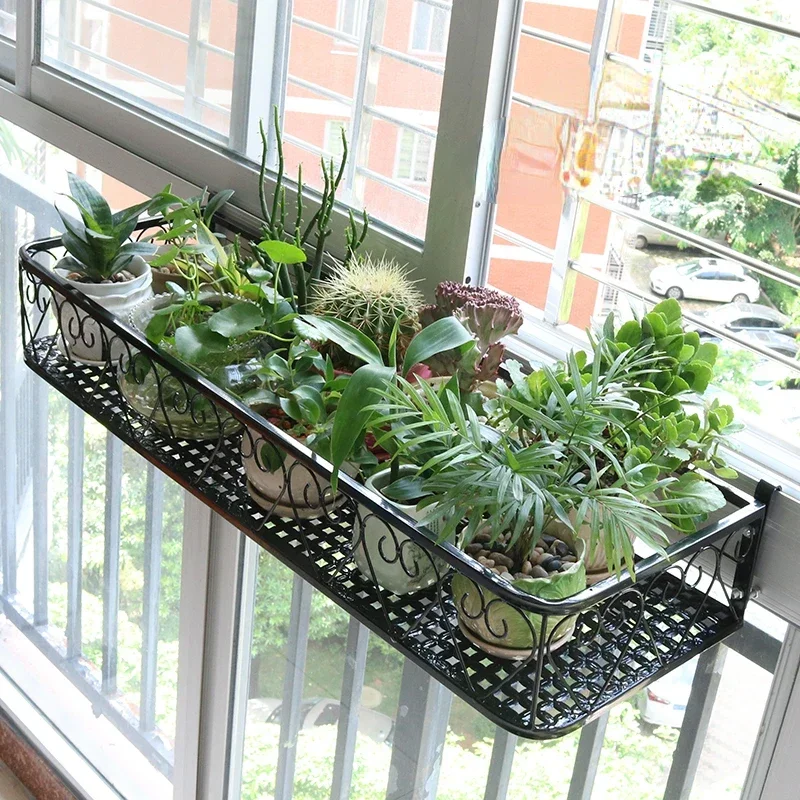 Window Sill Storage Flower Rack: Balcony Hanging Plant Shelf for Railing, Wrought Iron Pot Stand, Space-Saving Organizer