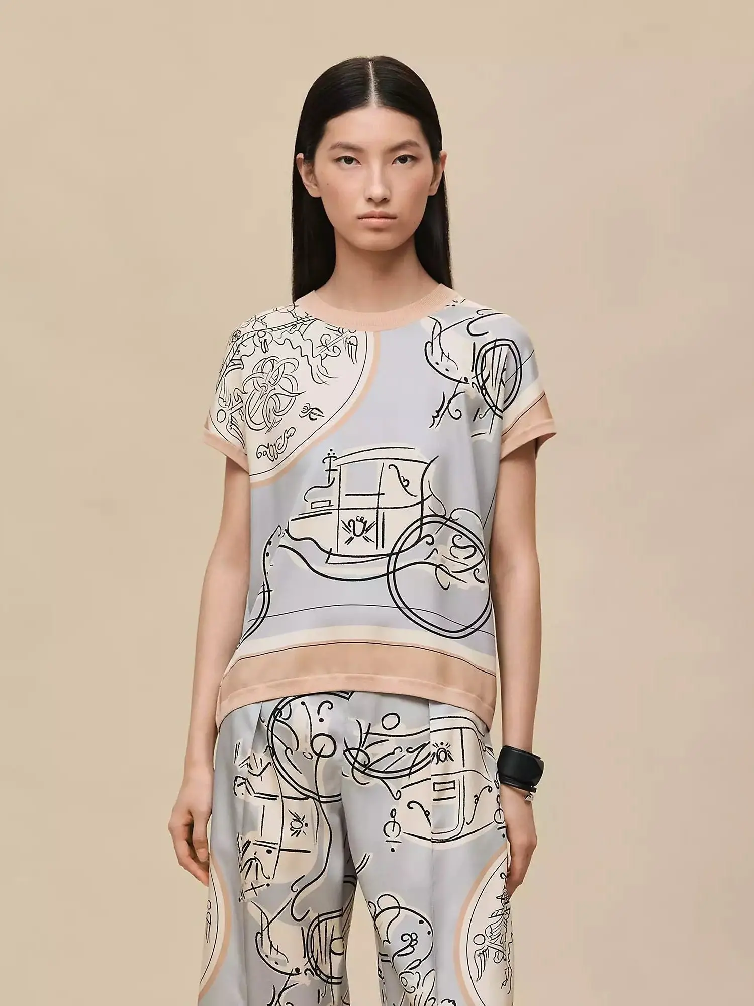 Spring 2026 Loose Fit round Neck Short Sleeve Silk Blend T-Shirt Women's Casual Style Printed Patchwork Silk H19 Momme