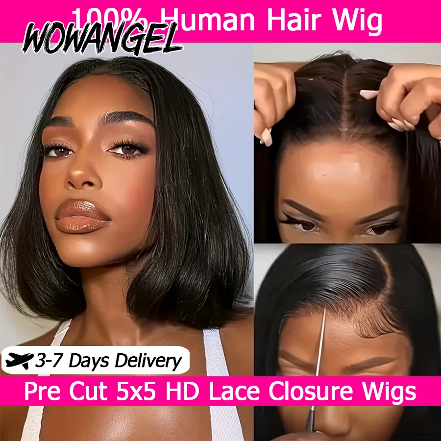

Glueless Straight Bob Wigs Pre Cut 5x5 HD Lace Closure Wig 100% Human Hair Wig Blunt Cut Short Bob Wigs For Women Ready To Wear