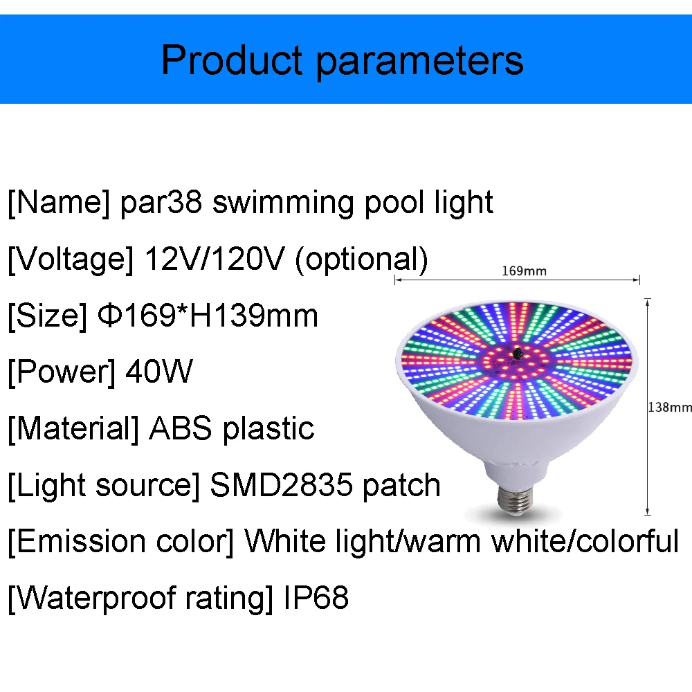 40W LED Pool Light Source, IP68 Underwater Recessed Replacement Halogen Landscape Light DC12V or AC120V RGB + Remote Control