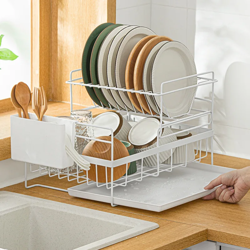 2-tier Dish Rack with Drip Tray Kitchen Cutlery Basket Dish Drainer Rack with Cutlery Holder for Kitchen Organizer Storage Rack