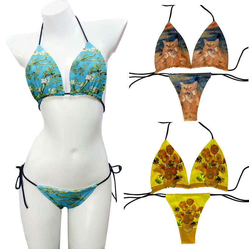 

Retro Van Gogh oil painting starry sky sunflower bikini set ladies lace-up low-waist sexy swimsuit beach surfing vacation