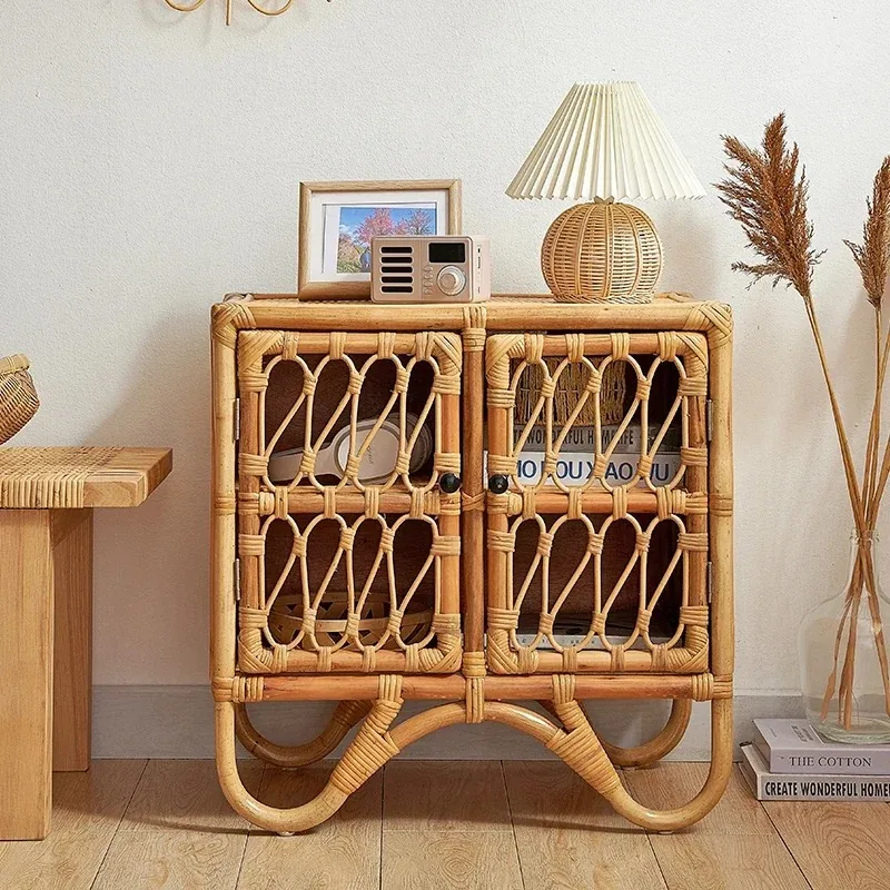 Nordic Rattan Bedside Table Hand-woven Storage Cabinet Bedroom Decoration Cabinet Simple Homestay Nordic Furniture