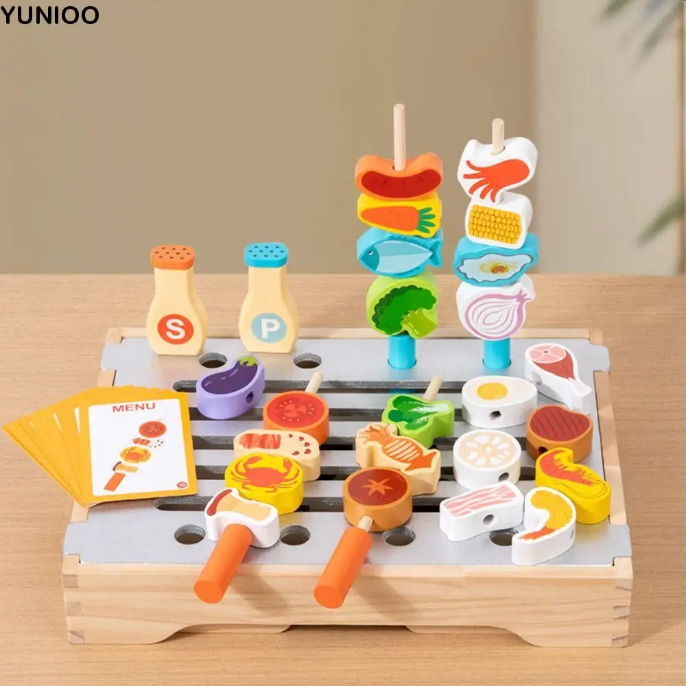 Wooden Pretend Play Kitchen Toys Simulation Food Montessori Simulated Barbecue Set Play House Miniature Kids Pretend Cooking Toy