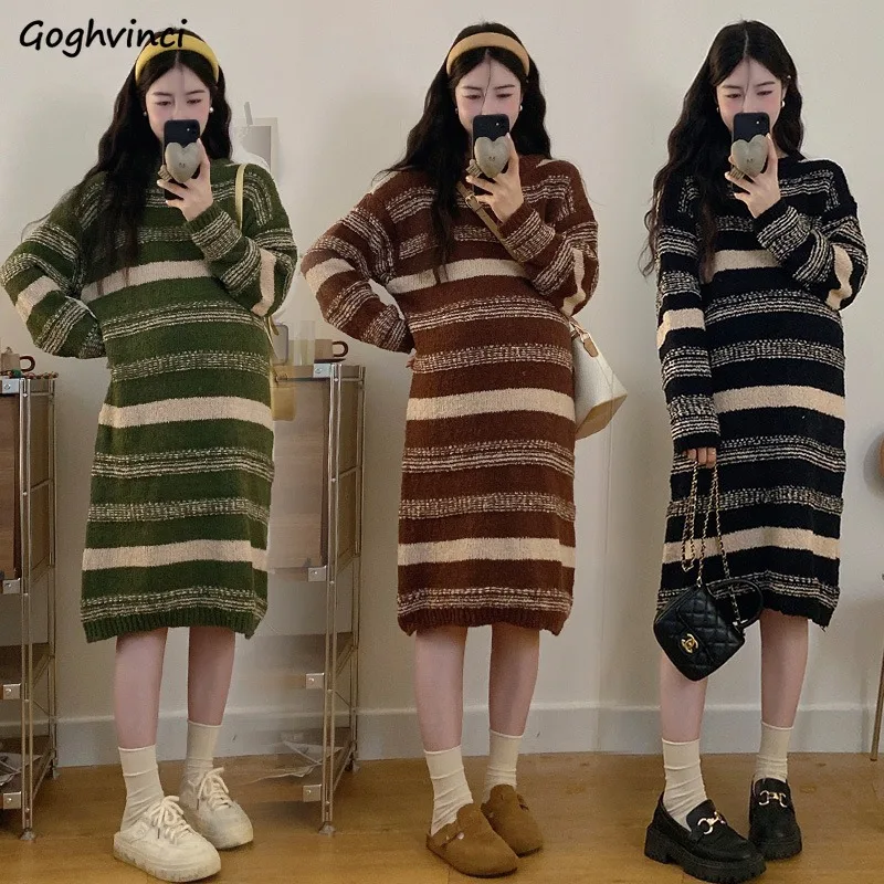 

Dresses Women Striped Knitted Korean Fashion Gentle Loose Casual Slouchy Y2k Sweater Vintage Tender Designed Cozy All-match Ins