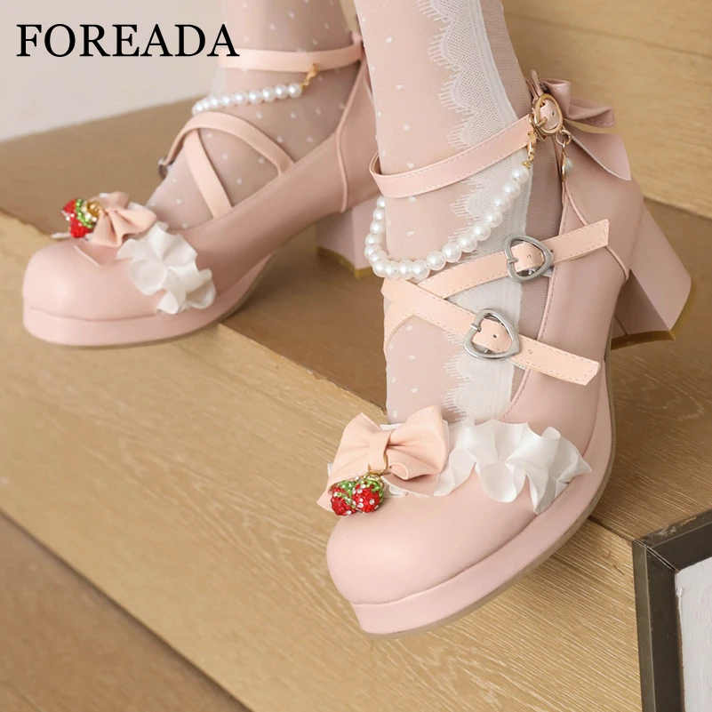 

FOREADA Women Kawaii Ankle Strap Lolita Pumps Round Toe Platform Thick Mid Heel Bow Bead Cross Strap Cosplay Lady Shoes Summer