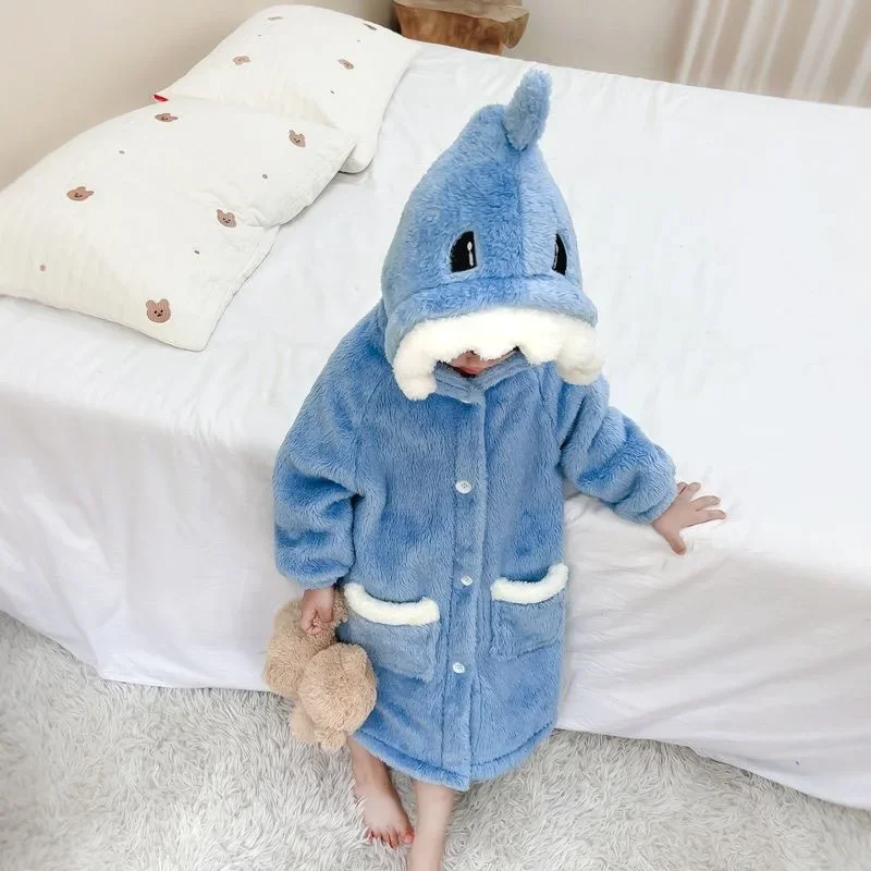 Blue Shark Bathrobe Hooded Pajamas Loungewear Animal Sleepwear Cute Homewear Flannel Nightgowns for Kids Boys Girls