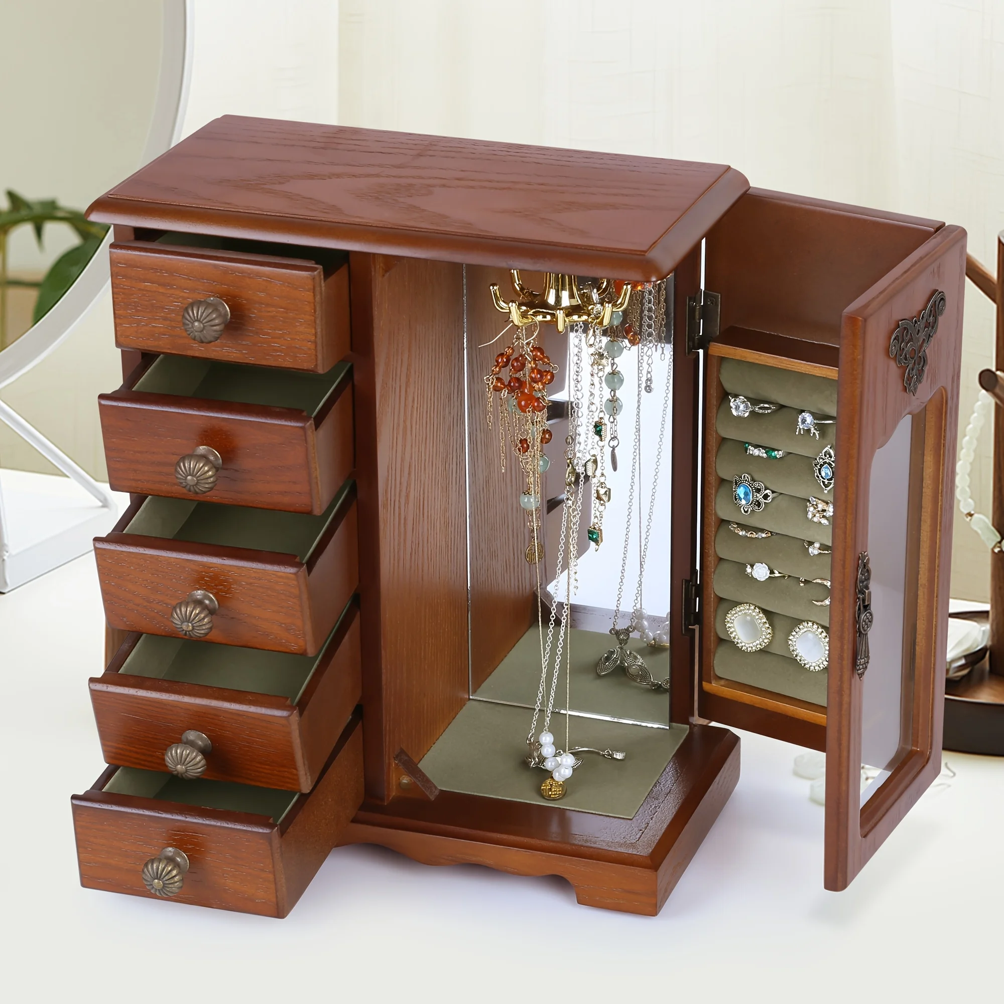 

Женская деревянная шкатулка для драгоценностей, твердая шкатулка для хранения ювелирных изделий с 5 ящиками, шкатулка для хранения ювелирных изделий, деревянная шкатулка для драгоценностей